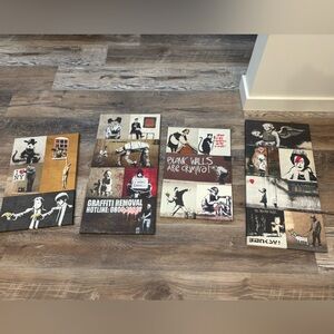 Banksy 4 Canvas Print Set - Black, White, Red, Brown